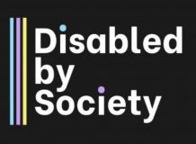 The Disabled By Society Logo.. The logo is three lines running parallel, blue, purple, and yellow, right aligned is text reading Disabled By Society.
