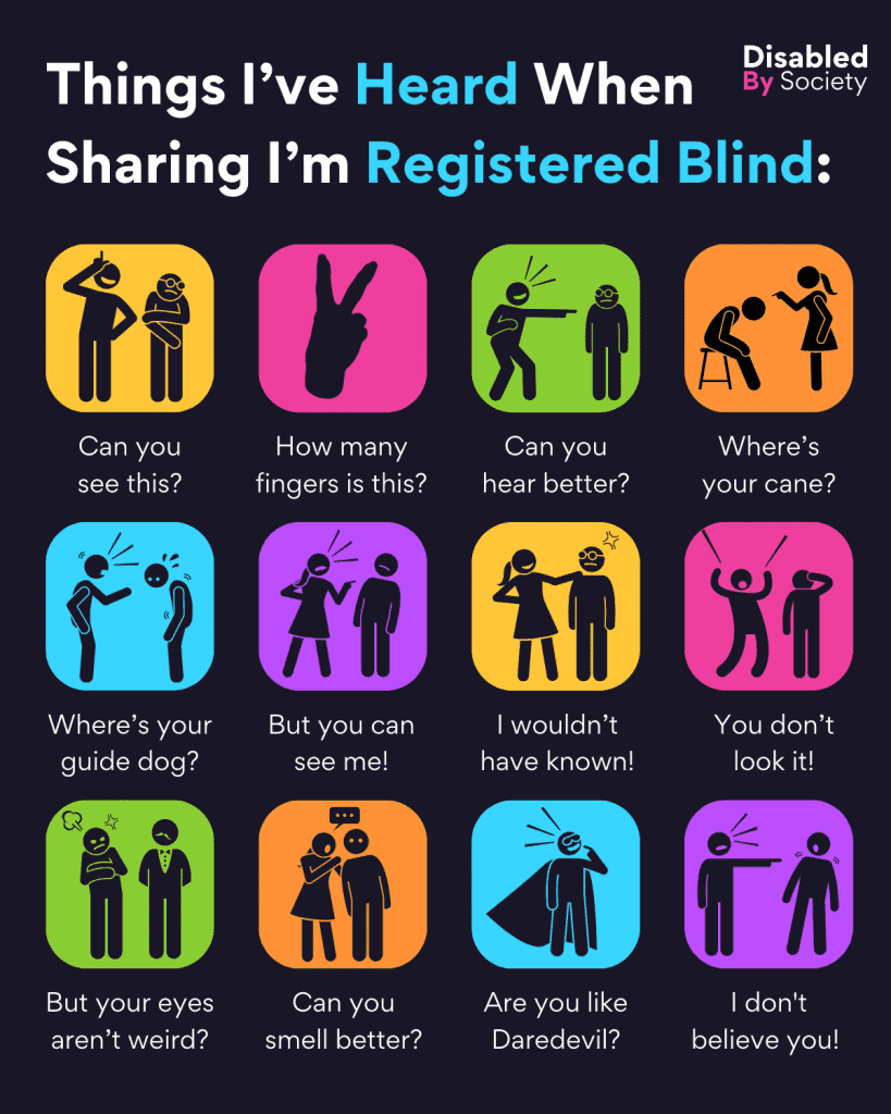 A Disabled by Society graphic titled “Things I’ve Heard When Sharing I’m Registered Blind,” set against colourful square icons each with a black stick-figure illustration representing common misconceptions or comments faced by blind and partially sighted people. The icons read: (Yellow) “Can you see this?” showing a person pointing to their eye; (Pink) “How many fingers is this?” with a hand holding up two fingers; (Green) “Can you hear better?” showing a person pointing at someone wearing glasses; (Orange) “Where’s your cane?” with a person sitting while another looms; (Blue) “Where’s your guide dog?” showing a person leaning aggressively towards another; (Purple) “But you can see me!” with a person waving a hand in front of someone’s face; (Yellow) “I wouldn’t have known!” showing a person touching another’s face; (Pink) “You don’t look it!” with a person raising their arms in frustration; (Green) “But your eyes aren’t weird?” showing one person shocked while another points at their eyes; (Orange) “Can you smell better?” with one person whispering to another; (Blue) “Are you like Daredevil?” depicting a person with a cape and sunglasses; and (Purple) “I don’t believe you!” showing a person pointing at another who looks distressed.