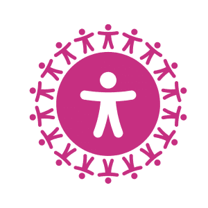 glboal accessibility symbol A stick person inside a circle with their arms out wide. Whilst others lock hands around the inner circle